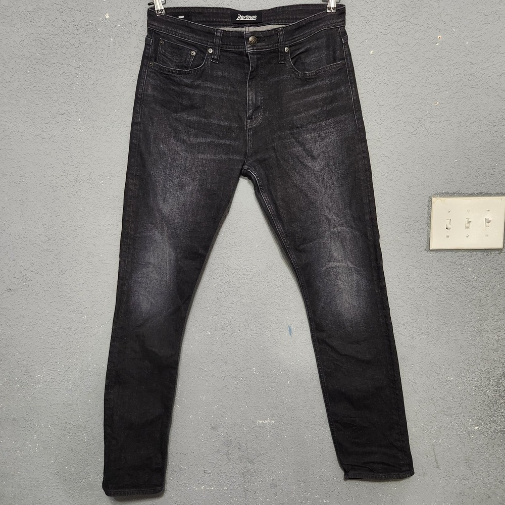 Revtown Sharp Jeans Mens 33x34 Black Denim Slim Straight Fit Whiskers Stretch